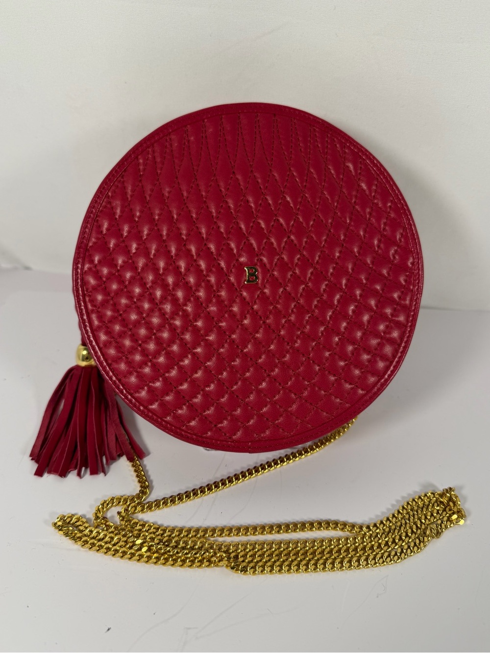 3068: Bally Red Quilted Leather Round Chain Crossbody Bag